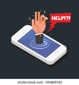 hands reaching out of smart phone with help bubble. smartphone addiction concept - vector illustration