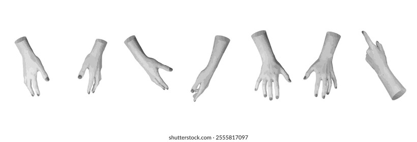 Hands reaching out, stretching to something, pointing, taking, isolated on white background, set.. Halftone dotted retro style vector