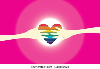 Manos extendiéndose para tocar el corazón del arco iris sobre fondo rosado. concepto LGBT
