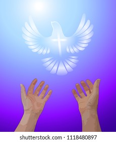 Hands reaching up in prayer towards a symbolized white dove with a cross in a purple and blue sky.