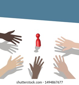 hands reaching red pawn, vector illustration
