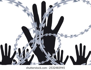 Hands reaching up through barbed wire fence depicting oppression