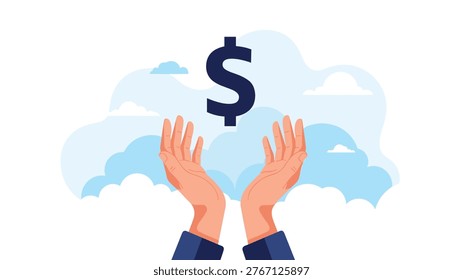 Hands reaching up toward a dark blue dollar sign icon floating against a soft sky with clouds, representing financial success and support.