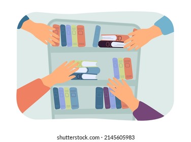 Hands reaching towards books on shelves. Bookcase in library or bookstore, bookworms buying books flat vector illustration. Literature, education concept for banner, website design or landing web page