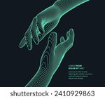 Hands reaching towards each other. Concept of human relation, togetherness or  partnership. 3D vector illustration. Can be used for advertising, marketing or presentation.