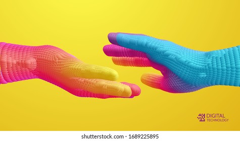Hands reaching towards each other. Concept of human relation, togetherness or  partnership. Connection structure. 3D vector illustration.