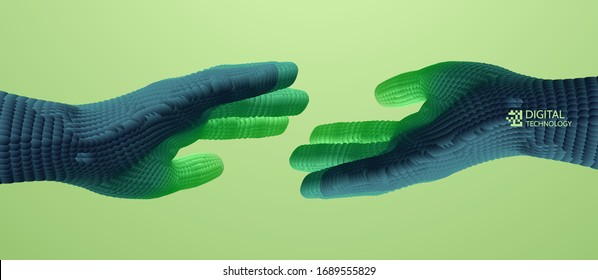 Hands reaching towards each other. Concept of human relation, togetherness or  partnership. Connection structure. 3D vector illustration.