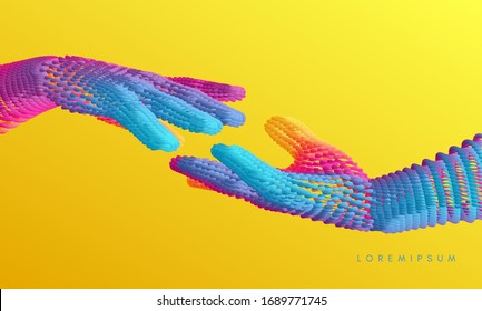 Hands reaching towards each other. Concept of human relation, togetherness or  partnership. Connection structure. 3D vector illustration.