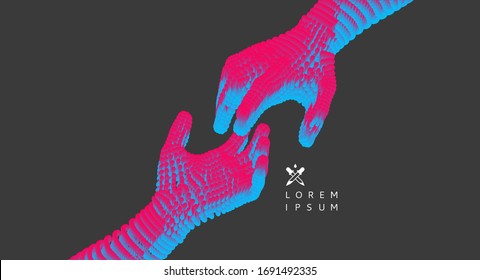 Mãos estendidas umas para as outras. Conceito de relação humana, união ou parceria. Estrutura de conexão. Ilustração de vetor 3D.
