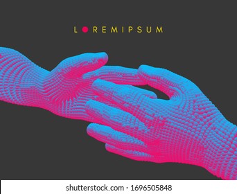 Mãos estendidas umas para as outras. Conceito de relação humana, união ou parceria. Estrutura de conexão. Ilustração de vetor 3D.