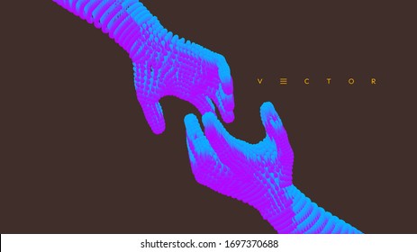 Hands reaching towards each other. Concept of human relation, togetherness or  partnership. Connection structure. 3D vector illustration.