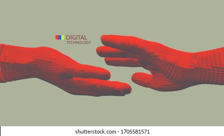 Hands reaching towards each other. Concept of human relation, togetherness or  partnership. Connection structure. 3D vector illustration.
