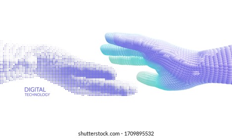 Hands reaching towards each other. Concept of human relation, togetherness or  partnership. Connection structure. 3D vector illustration.