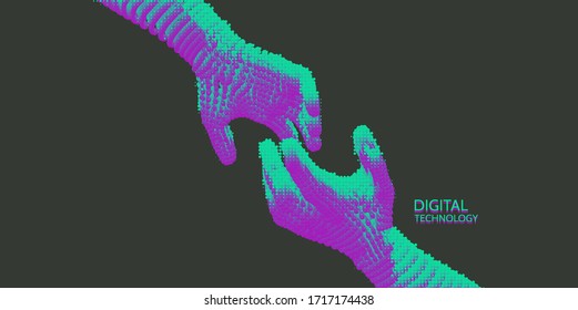 Hands reaching towards each other. Concept of human relation, togetherness or  partnership. Connection structure. 3D vector illustration.