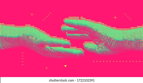 Hands reaching towards each other. Concept of human relation, togetherness or  partnership. Connection structure. 3D vector illustration.