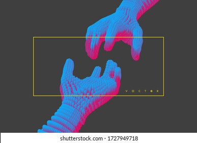 Hands reaching towards each other. Concept of human relation, togetherness or  partnership. Connection structure. 3D vector illustration.