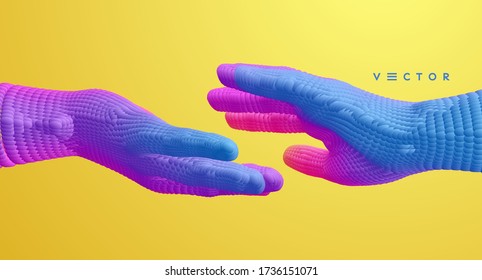 Hands reaching towards each other. Concept of human relation, togetherness or  partnership. Connection structure. 3D vector illustration.