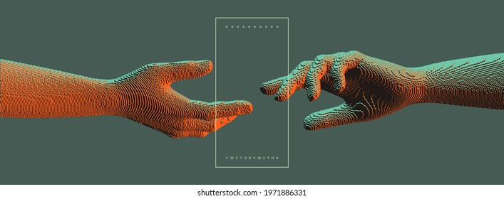 Hands reaching towards each other. Concept of human relation, togetherness or  partnership. Pixel cube art. 3D vector illustration. Can be used for advertising, marketing or presentation.