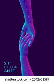Hands reaching towards each other. Concept of human relation, togetherness or  partnership. Pixel cube art. 3D vector illustration. Can be used for advertising, marketing or presentation.
