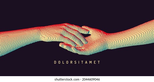 Hands reaching towards each other. Concept of human relation, togetherness or  partnership. Pixel cube art. 3D vector illustration. Can be used for advertising, marketing or presentation.