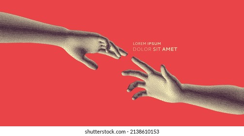 Hands reaching towards each other. Concept of human relation, togetherness or  partnership. 3D vector illustration. Design for banner, flyer, poster, cover or brochure.