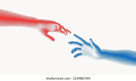 Hands reaching towards each other. Concept of human relation, togetherness or  partnership. 3D vector illustration. Design for banner, flyer, poster, cover or brochure.