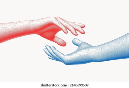 Hands reaching towards each other. Concept of human relation, togetherness or  partnership. 3D vector illustration. Design for banner, flyer, poster, cover or brochure.