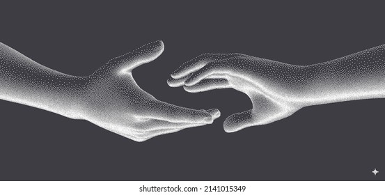 Hands reaching towards each other. Concept of human relation, togetherness or  partnership. 3D vector illustration. Design for banner, flyer, poster, cover or brochure.