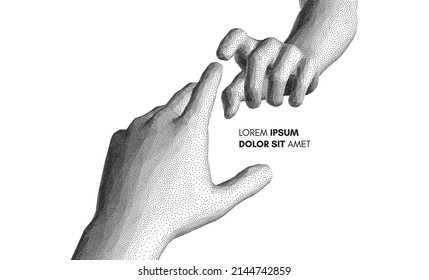 Hands reaching towards each other. Concept of human relation, togetherness or  partnership. 3D vector illustration. Design for banner, flyer, poster, cover or brochure.