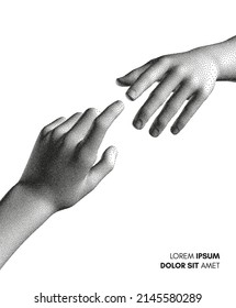 Hands reaching towards each other. Concept of human relation, togetherness or  partnership. 3D vector illustration. Design for banner, flyer, poster, cover or brochure.