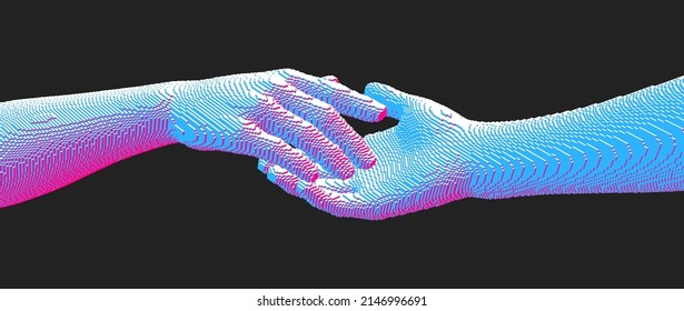 Hands reaching towards each other. Concept of human relation, togetherness or  partnership. Pixel cube art. 3D vector illustration. Can be used for advertising, marketing or presentation.