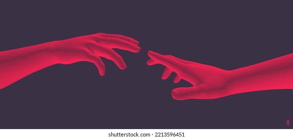 Hands reaching towards each other. Concept of human relation, togetherness or  partnership. 3D vector illustration. Design for banner, flyer, poster, cover or brochure.