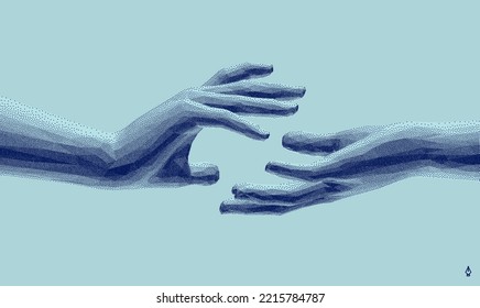 Hands reaching towards each other. Concept of human relation, togetherness or  partnership. 3D vector illustration. Design for banner, flyer, poster, cover or brochure.