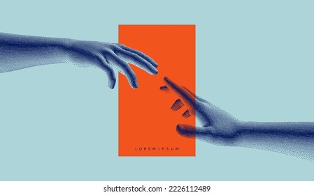 Hands reaching towards each other. Concept of human relation, togetherness or  partnership. 3D vector illustration. Design for banner, flyer, poster, cover or brochure.