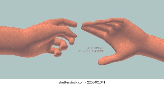 Hands reaching towards each other. Concept of human relation, togetherness or  partnership. 3D vector illustration. Design for banner, flyer, poster, cover or brochure.