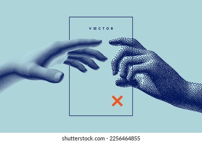 Hands reaching towards each other in сoarse and fine style. Concept of human relation, togetherness or partnership. Model with stipple effect. 3D vector illustration for banner, cover or brochure.