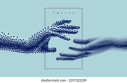 Hands reaching towards each other in сoarse and fine style. Concept of human relation, togetherness or partnership. Model with stipple effect. 3D vector illustration for banner, cover or brochure.