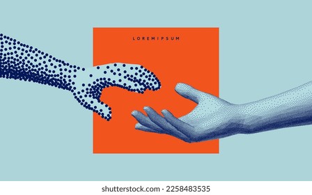 Hands reaching towards each other in сoarse and fine style. Concept of human relation, togetherness or partnership. Model with stipple effect. 3D vector illustration for banner, cover or brochure.