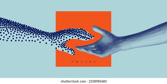 Hands reaching towards each other in сoarse and fine style. Concept of human relation, togetherness or partnership. Model with stipple effect. 3D vector illustration for banner, cover or brochure.