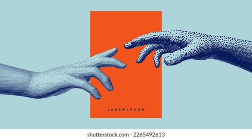 Hands reaching towards each other. Concept of human relation, togetherness or  partnership. 3D vector illustration. Design for banner, flyer, poster, cover or brochure.