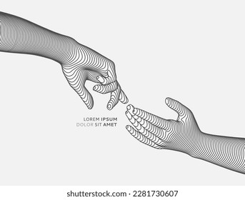 Hands reaching towards each other. Concept of human relation, togetherness or  partnership. 3D vector illustration. Can be used for advertising, marketing or presentation.