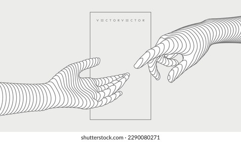 Hands reaching towards each other. Concept of human relation, togetherness or  partnership. 3D vector illustration. Can be used for advertising, marketing or presentation.