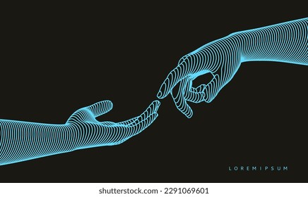 Hands reaching towards each other. Concept of human relation, togetherness or  partnership. 3D vector illustration. Can be used for advertising, marketing or presentation.