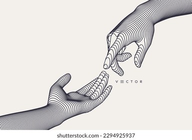 Hands reaching towards each other. Concept of human relation, togetherness or  partnership. 3D vector illustration. Can be used for advertising, marketing or presentation.