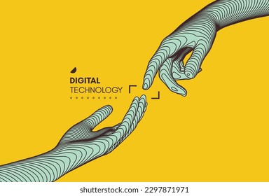 Hands reaching towards each other. Concept of human relation, togetherness or  partnership. 3D vector illustration. Can be used for advertising, marketing or presentation.