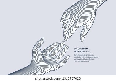 Hands reaching towards each other. Concept of human relation, togetherness or  partnership. 3D vector illustration. Can be used for advertising, marketing or presentation.