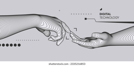 Hands reaching towards each other. Concept of human relation, togetherness or  partnership. 3D vector illustration. Can be used for advertising, marketing or presentation.