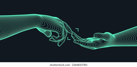 Hands reaching towards each other. Concept of human relation, togetherness or  partnership. 3D vector illustration. Can be used for advertising, marketing or presentation.