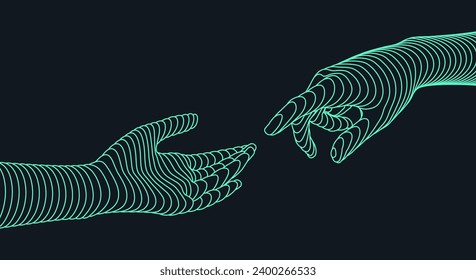 Hands reaching towards each other. Concept of human relation, togetherness or  partnership. 3D vector illustration. Can be used for advertising, marketing or presentation.