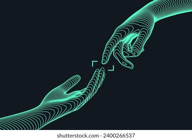 Hands reaching towards each other. Concept of human relation, togetherness or  partnership. 3D vector illustration. Can be used for advertising, marketing or presentation.